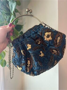 Embellished Teal Evening Handbag with Bronze Sequin Accents